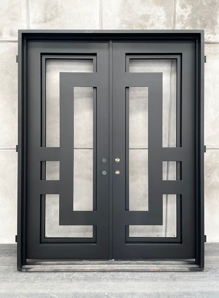 Black double doors with geometric design and glass panels.